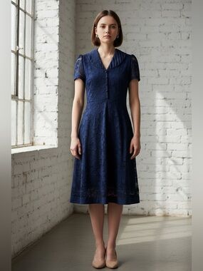 Miusol Navy Blue Floral Lace Short Sleeves Midi Dress with Pleated V-Neck